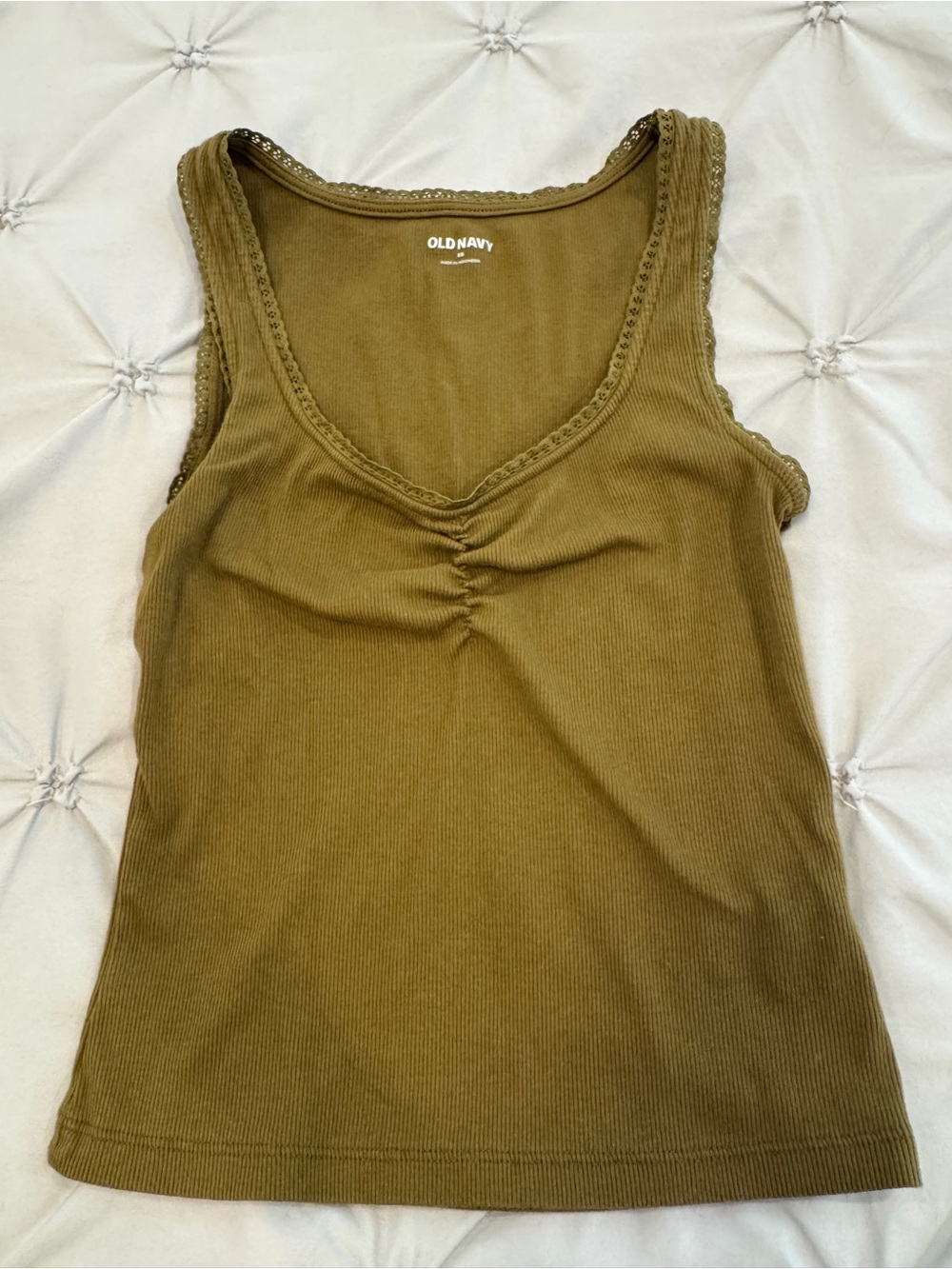 Old Navy Olive Ribbed Scoop Tank with Ruched Front